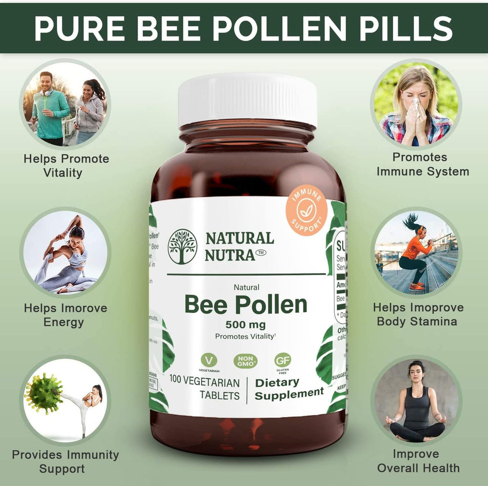 Natural Nutra Bee Pollen flavonoids close-up visual, suggests antioxidant benefits.