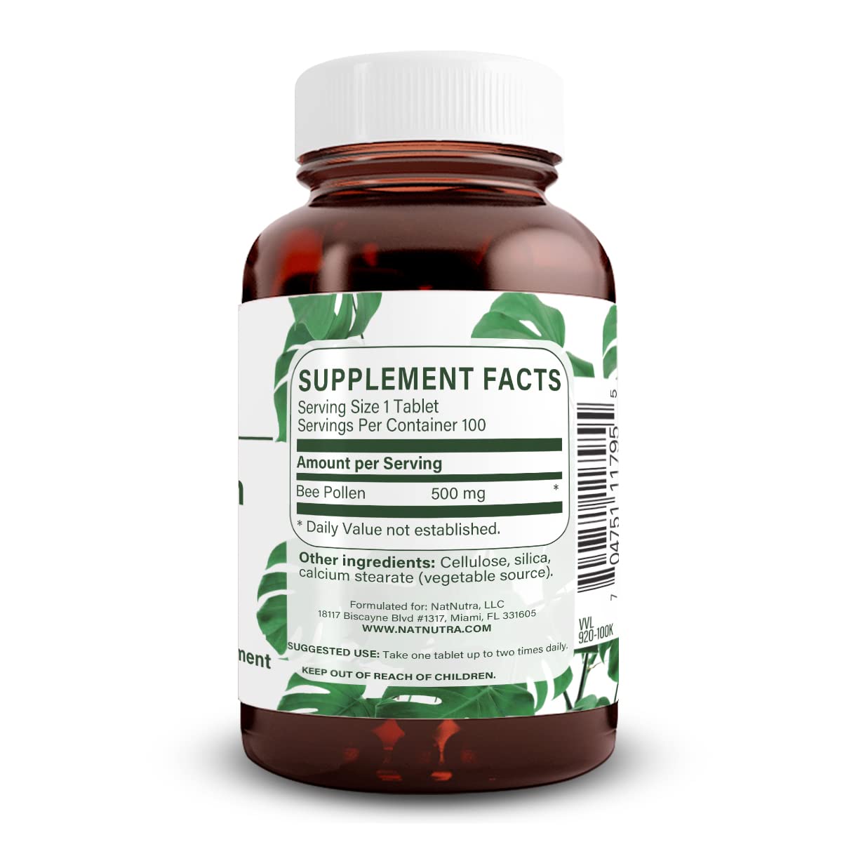 Natural Nutra Bee Pollen tablets close-up, compact capsules for energy support.
