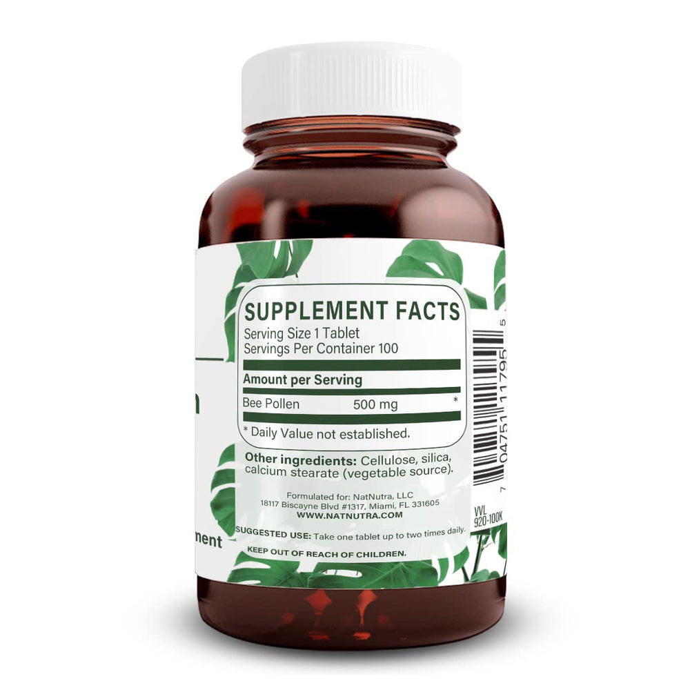 Natural Nutra Bee Pollen tablets close-up, compact capsules for energy support.