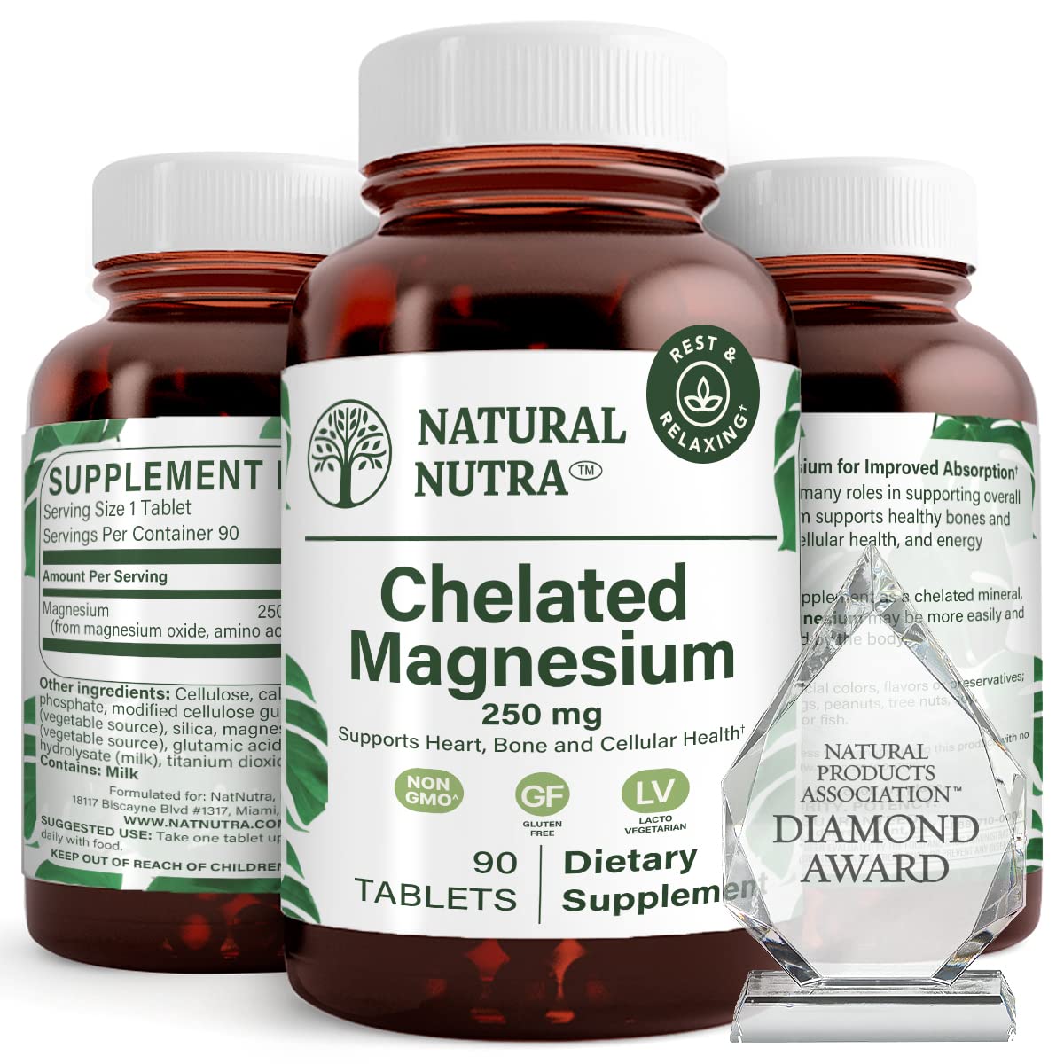 Natural Nutra Chelated Magnesium Oxide bottle highlighting 250 mg for bone health