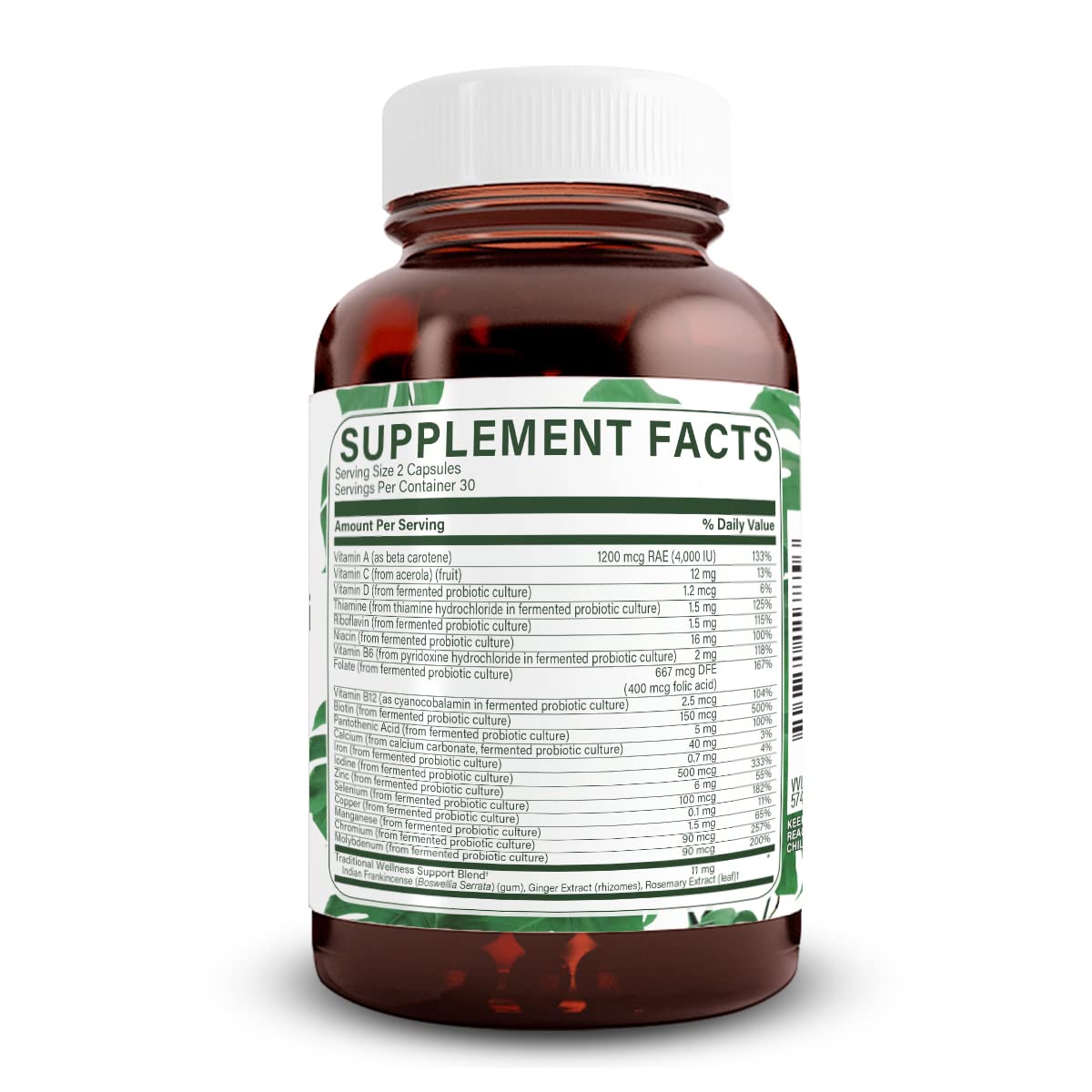 Natural Nutra complete multivitamin ingredients label highlights vegan, gluten-free formulation.