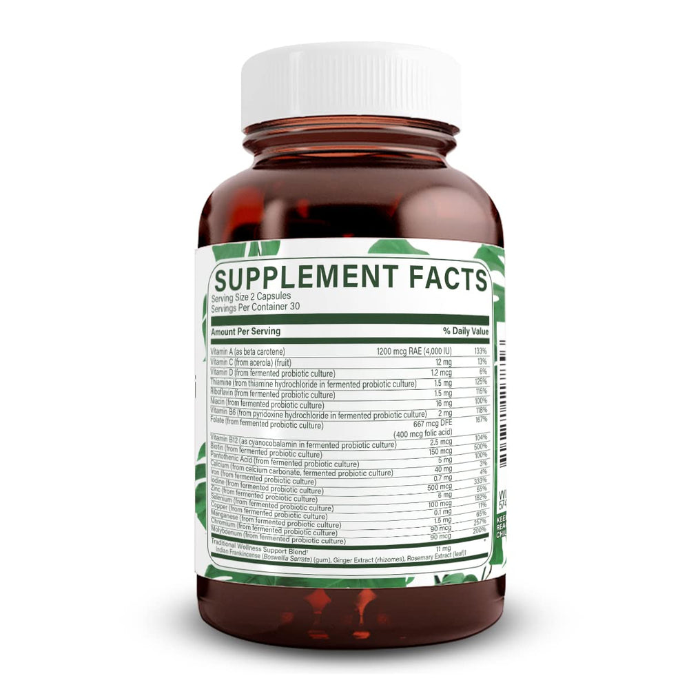 Natural Nutra complete multivitamin ingredients label highlights vegan, gluten-free formulation.