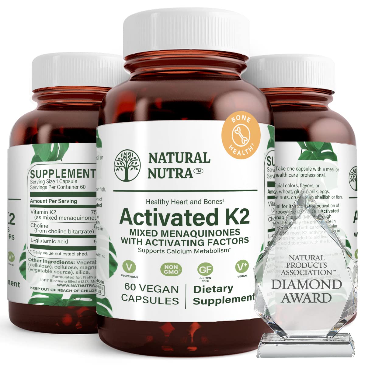 Natural Nutra full-spectrum K2 bottle front highlighting 75 mcg formula and features.