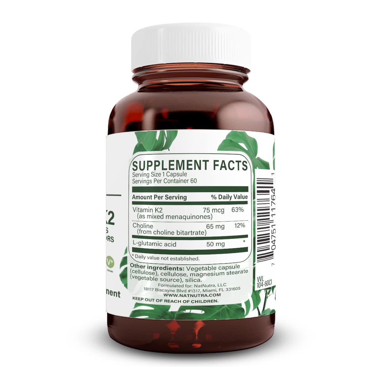 Natural Nutra K2 bottle side detail emphasizes multiple menaquinones for calcium metabolism.