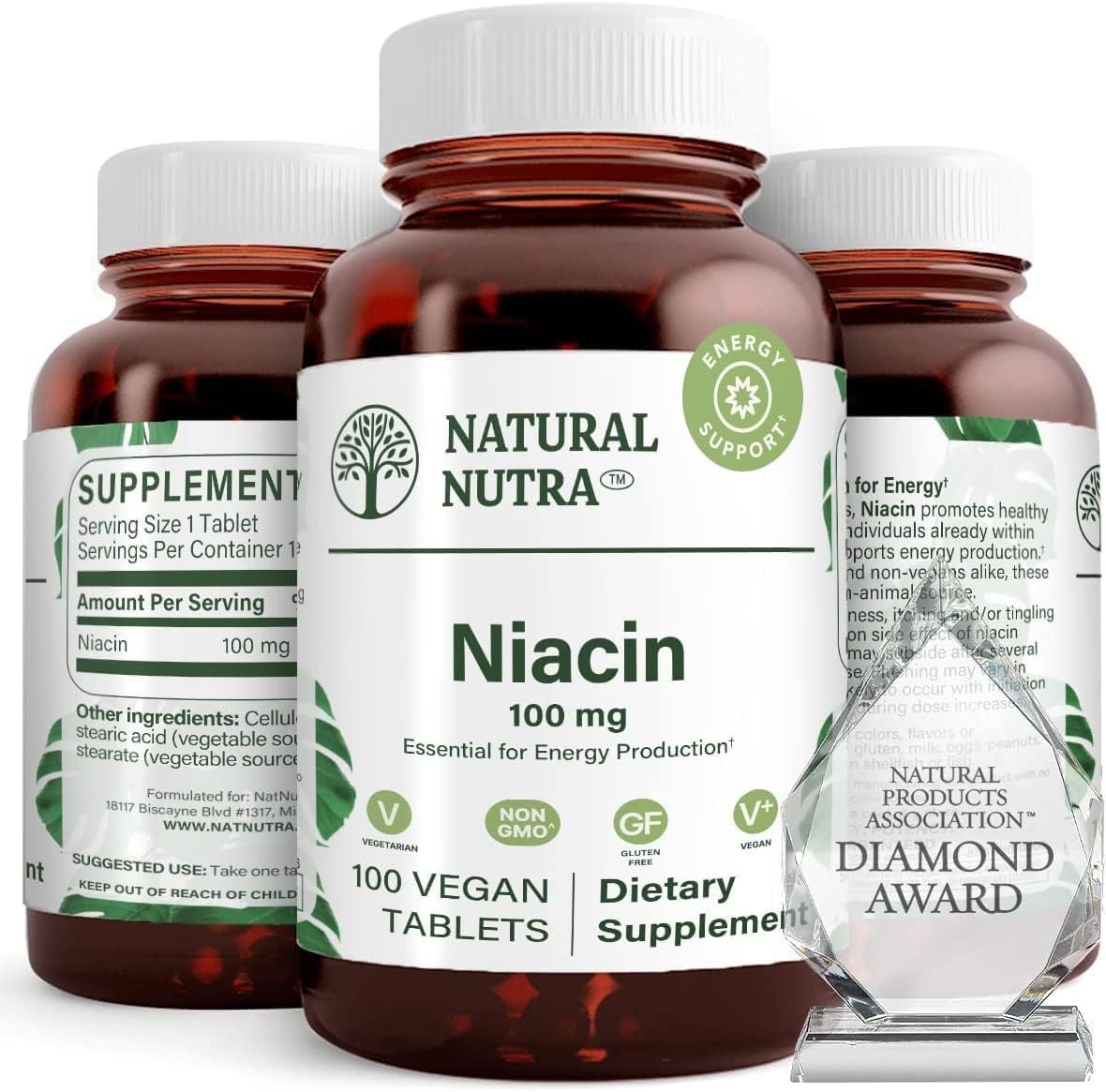 Natural Nutra Niacin bottle front showing 100 mg tablets for daily energy support