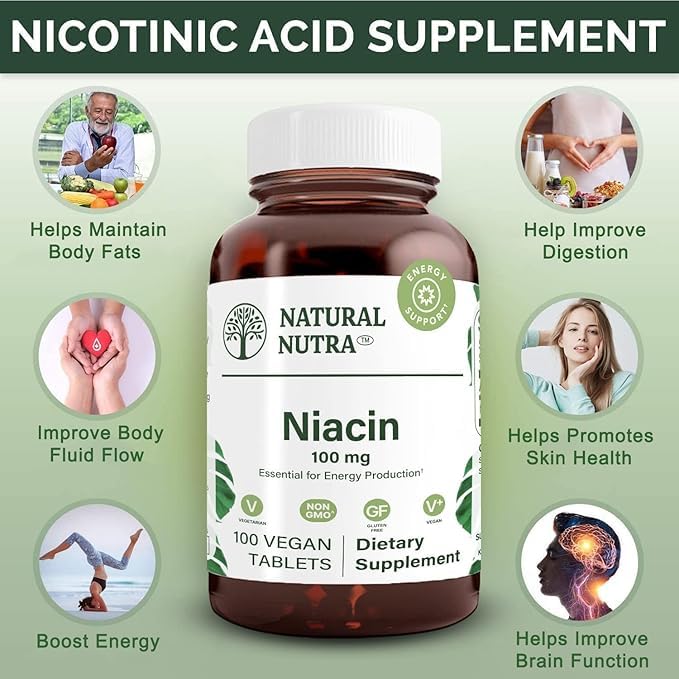 Natural Nutra Niacin time-release label indicating slower absorption for sustained energy