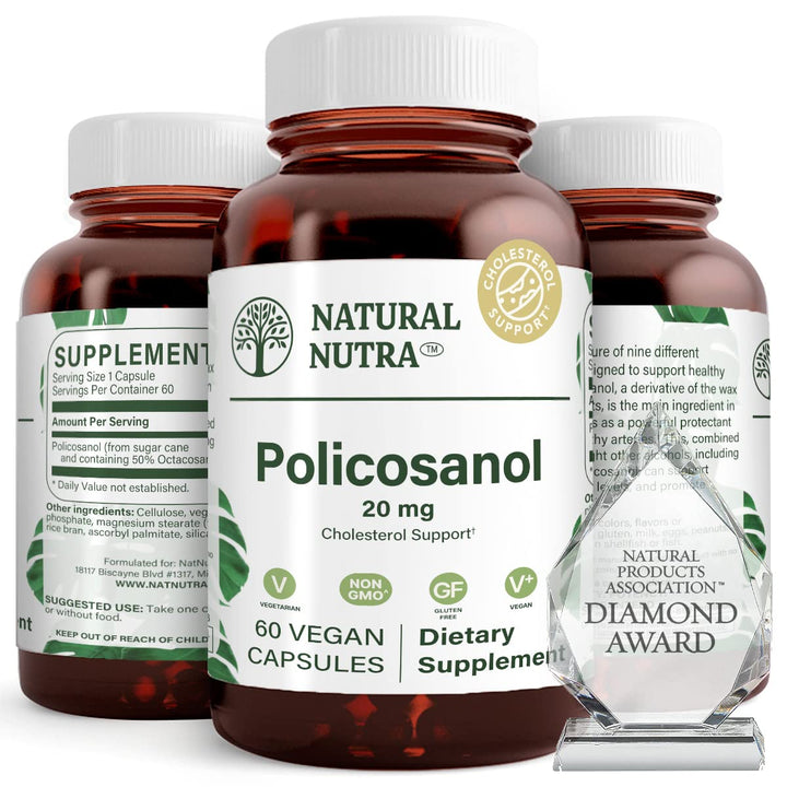 Natural Nutra Policosanol 20mg bottle front promoting circulation support