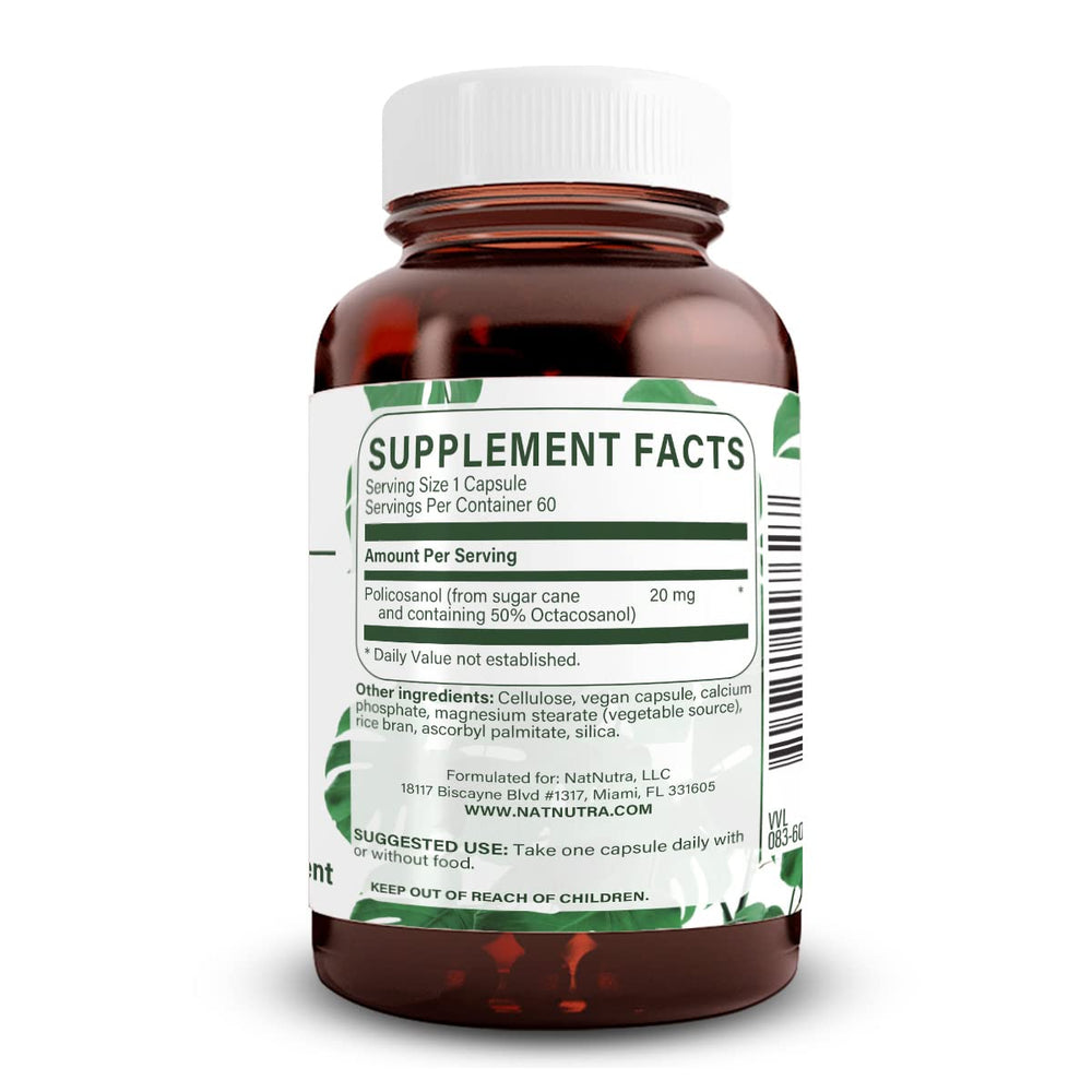 Natural Nutra Policosanol capsules close-up highlighting vegan octacosanol blend for circulation