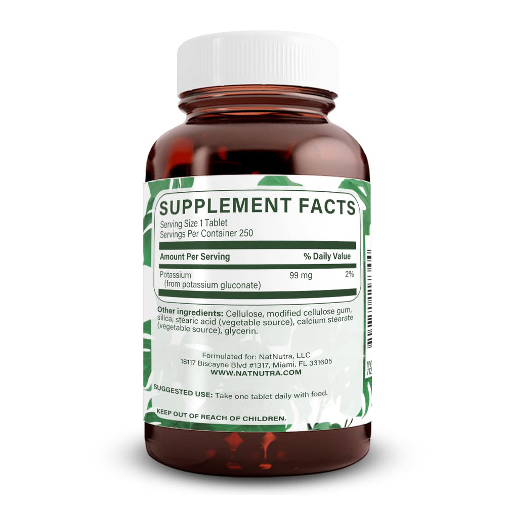 Natural Nutra potassium gluconate tablets help maintain muscle function and heart rhythm