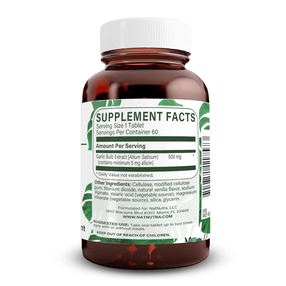 Natural Nutra vanilla-coated garlic tablet showing smooth intake and potency.