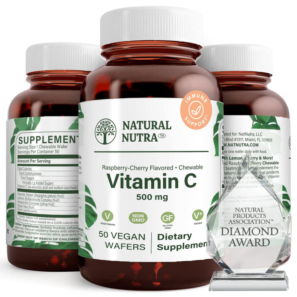 Natural Nutra Vitamin C wafers Raspberry-Cherry flavor for immune support.