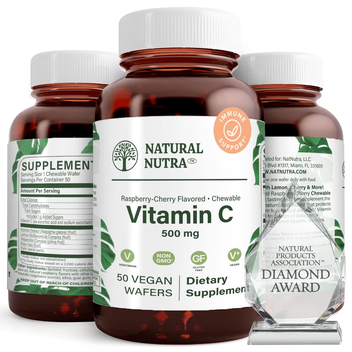 Natural Nutra Vitamin C wafers Raspberry-Cherry flavor for immune support.