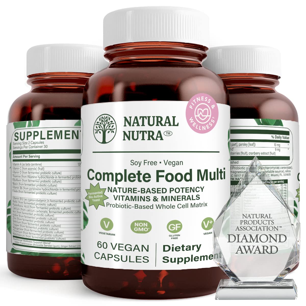 Natural Nutra Whole Food Multivitamin bottle showing ingredients for daily wellness.