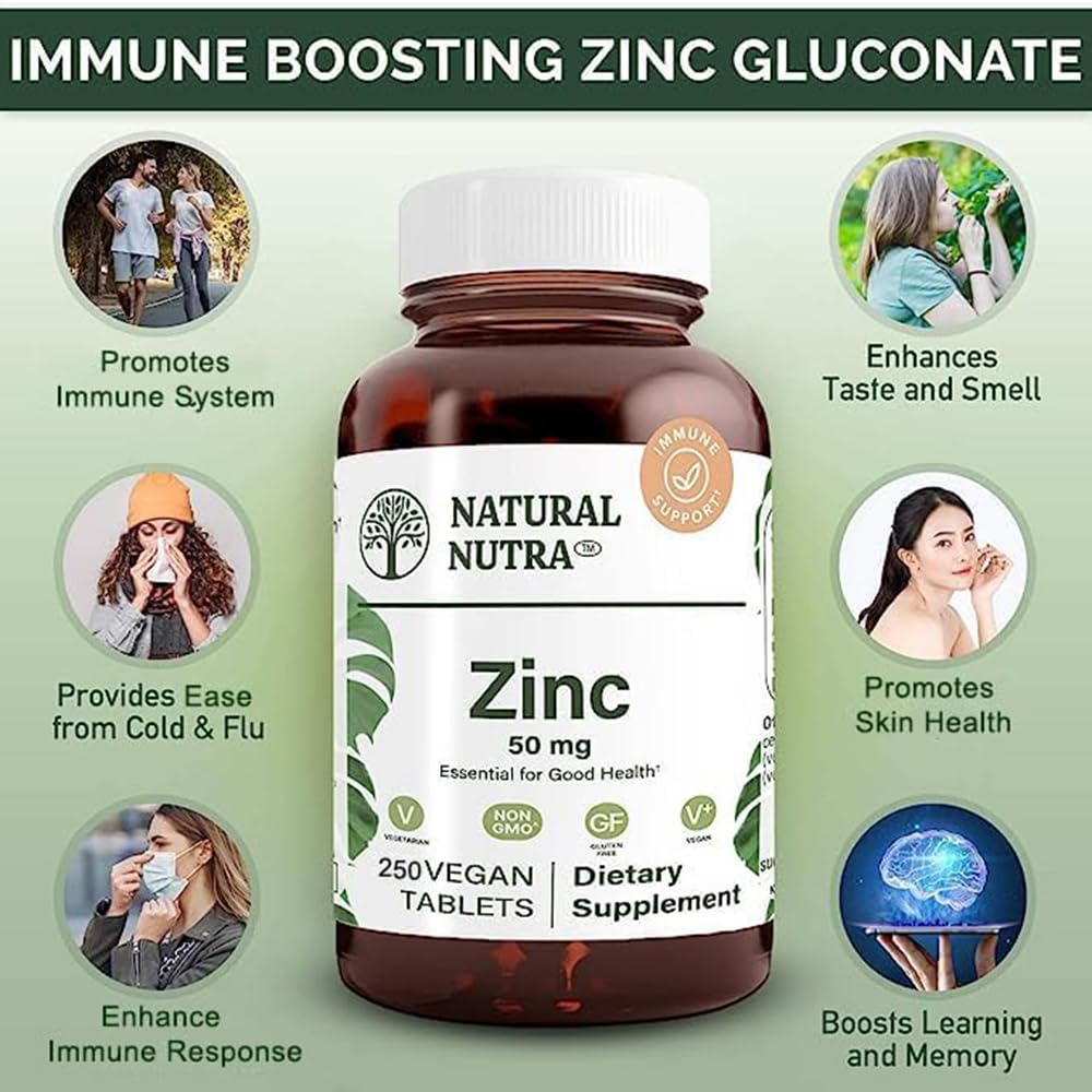 Natural Nutra Zinc Gluconate 50mg label on amber glass bottle highlighting purity