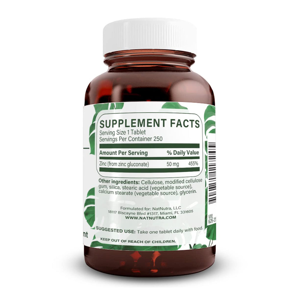 Natural Nutra Zinc Gluconate 50mg tablets close-up showing vegan formula