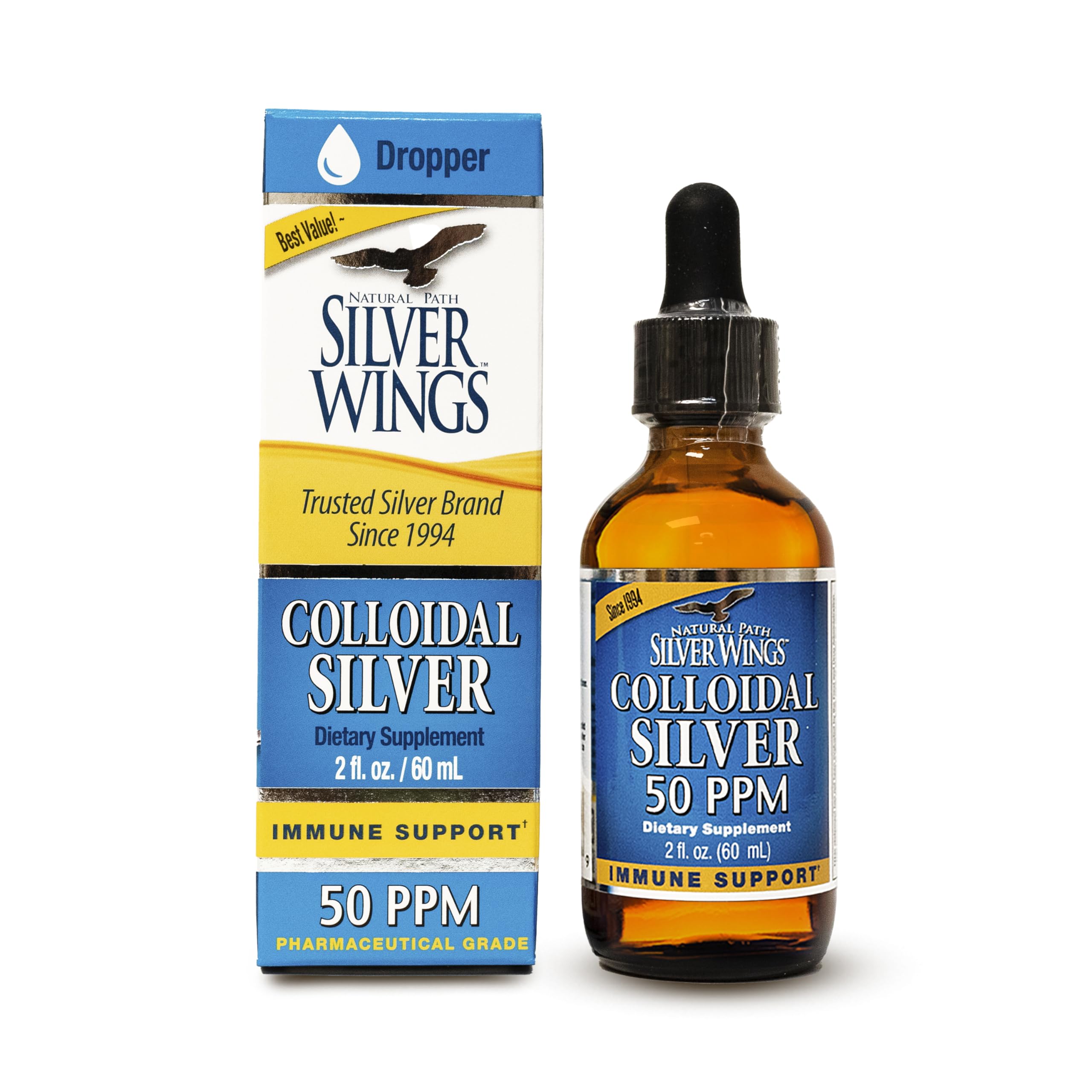 Natural Path Silver Wings Colloidal Silver 50ppm bottle front, high-strength formulation.