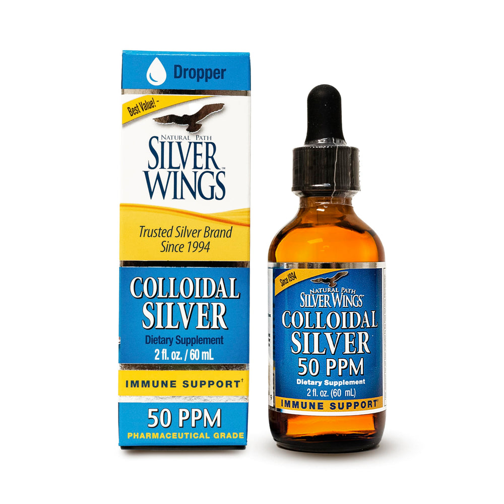 Natural Path Silver Wings Colloidal Silver 50ppm bottle front, high-strength formulation.