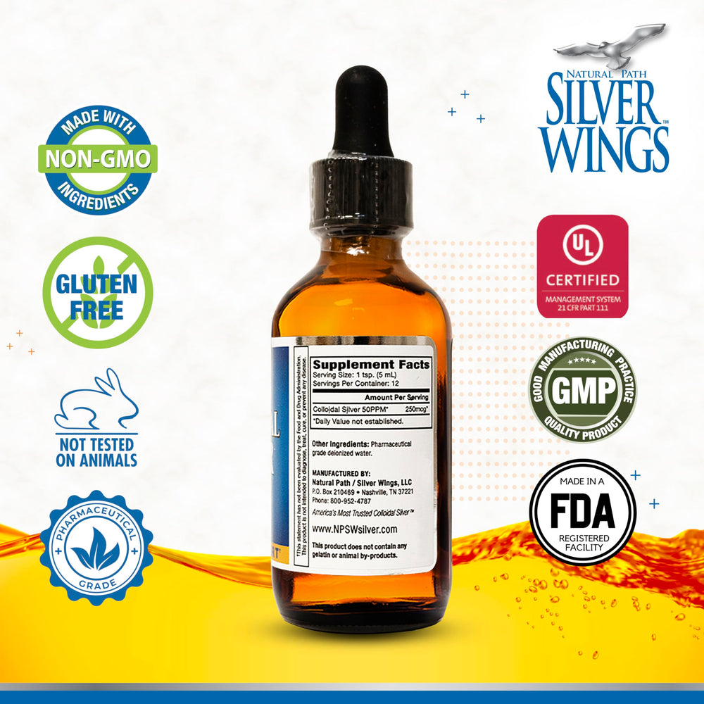Natural Path Silver Wings Colloidal Silver 50ppm dropper cap, precise dosing.
