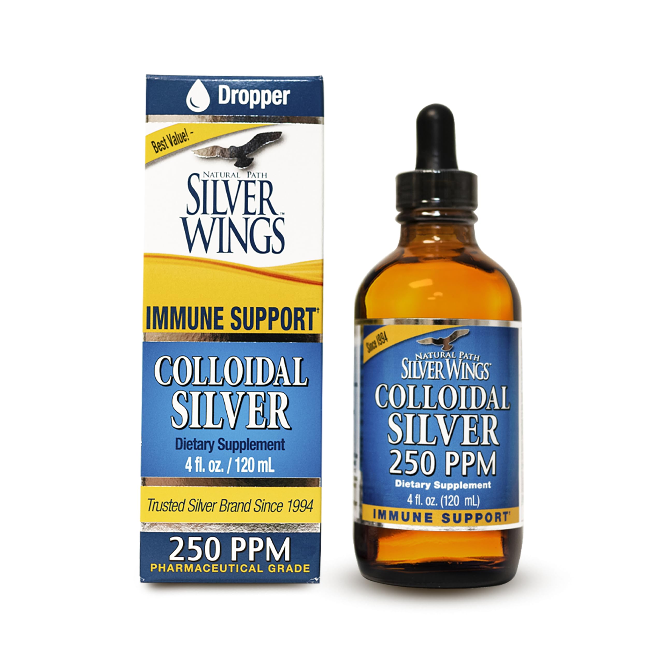 Natural Path Silver Wings colloidal silver bottle on amber glass for daily wellness.