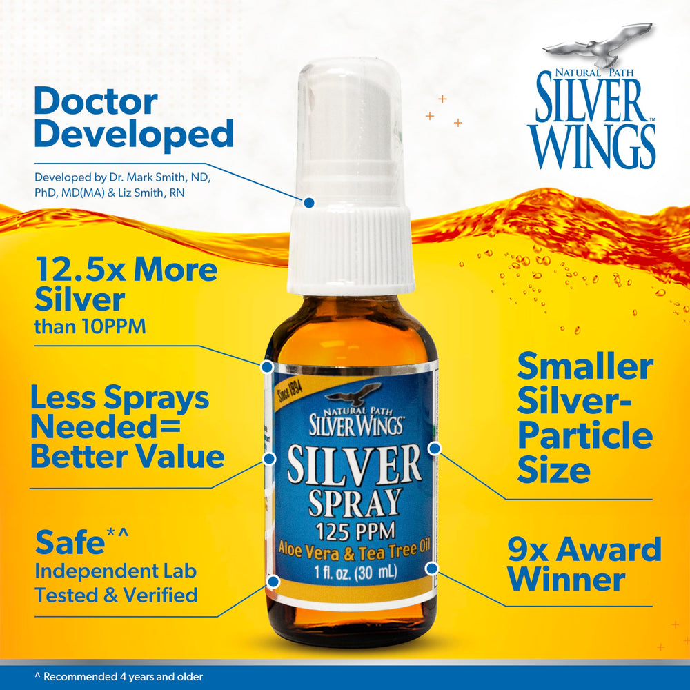 Natural Path Silver Wings hands applying spray for skincare