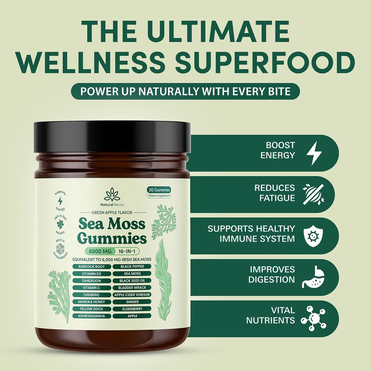 Natural Rems Sea Moss Gummies green apple flavor for daily use.