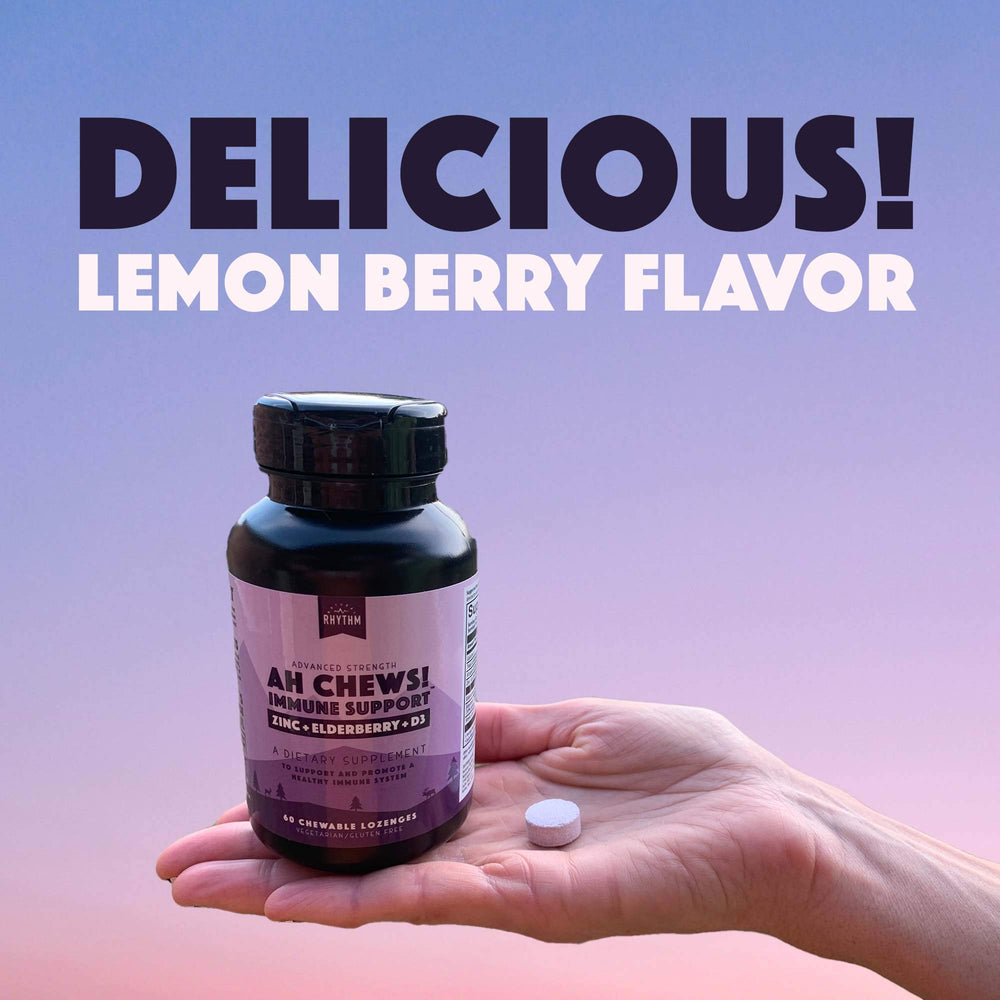Natural Rhythm Ah Chews! lemon-berry lozenge close-up highlighting kid-friendly flavor.