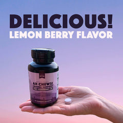 Natural Rhythm Ah Chews! lemon-berry lozenge close-up highlighting kid-friendly flavor.