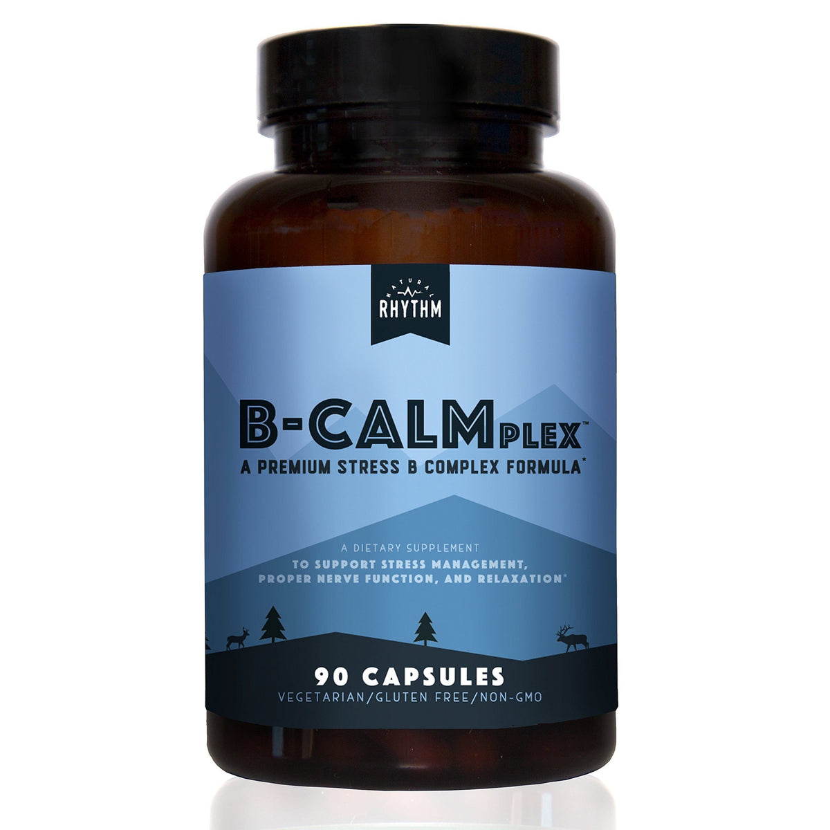 Natural Rhythm B-CALMplex bottle with capsules supporting daily energy metabolism.