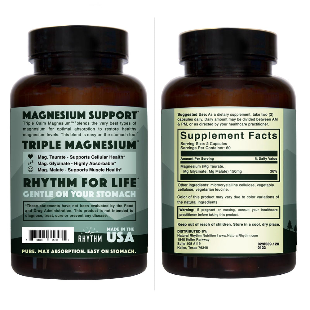 Natural Rhythm Triple Calm Magnesium label highlights muscle and nerve support
