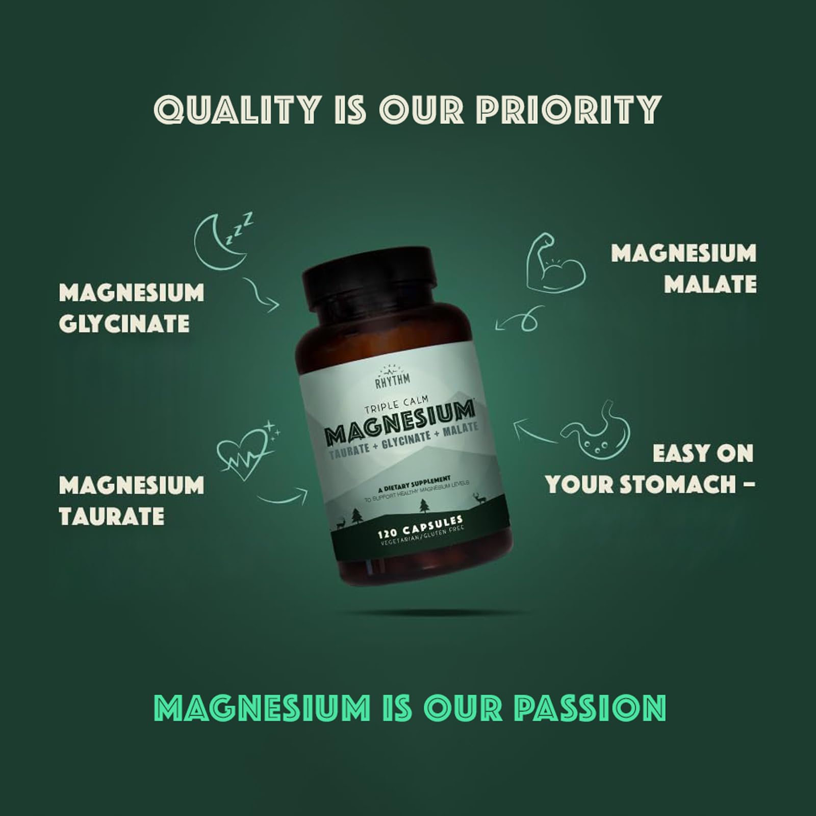 Natural Rhythm Triple Calm Magnesium vegetarian, non-GMO formula on packaging