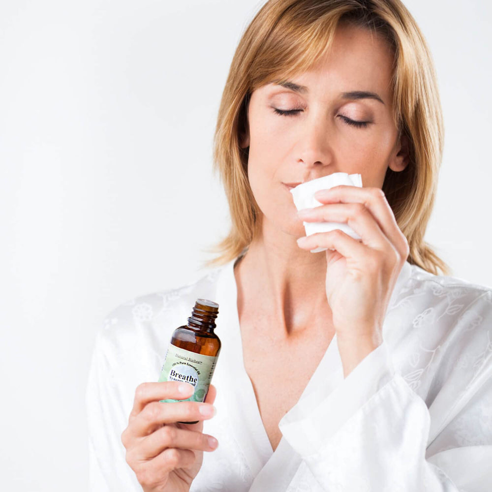 Natural Riches Breathe drops-application shows controlled use for on-chest inhalation.