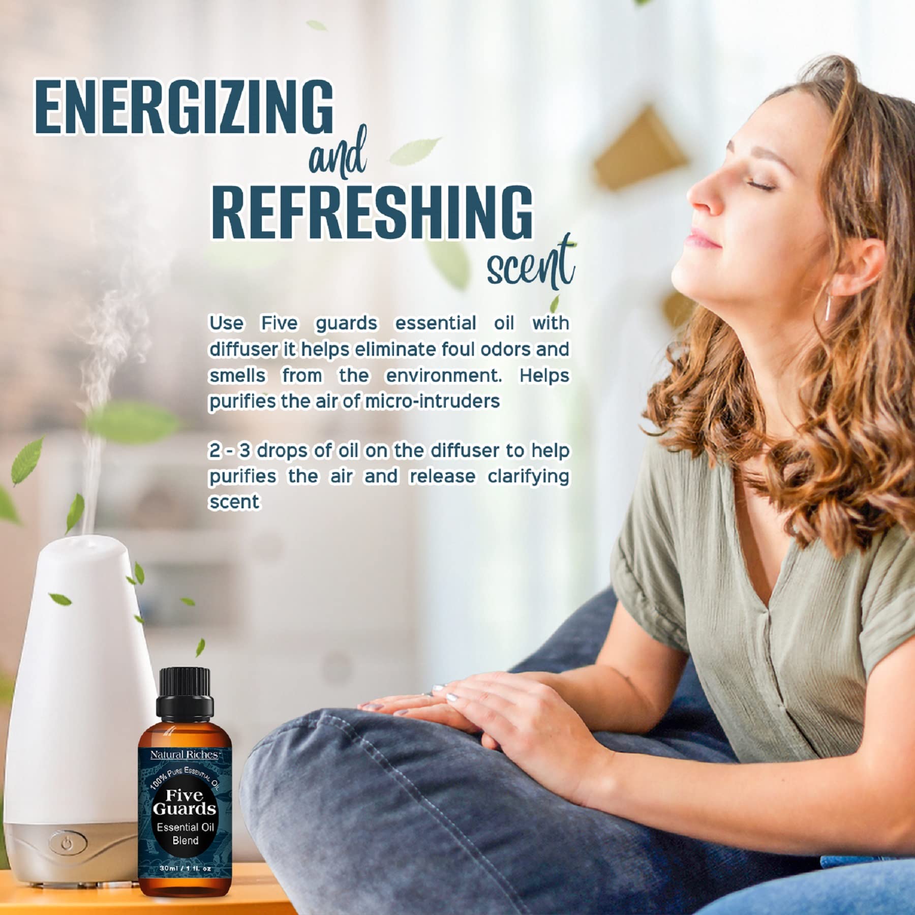 Natural Riches Five Guards kitchen-odor-elimination scene demonstrates room freshening possibilities.