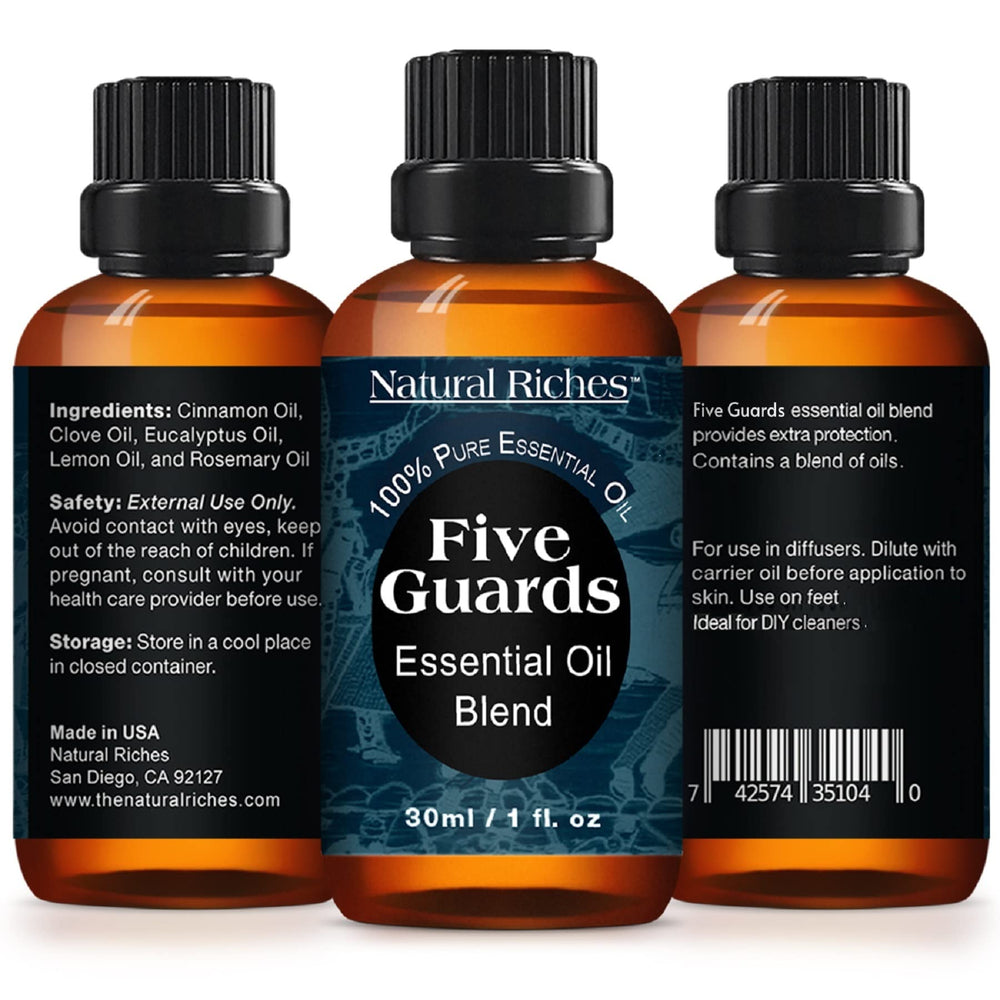 Natural Riches Five Guards label closeup highlights the cinnamon, clove, lemon, rosemary, and eucalyptus blend.