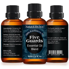 Natural Riches Five Guards label closeup highlights the cinnamon, clove, lemon, rosemary, and eucalyptus blend.