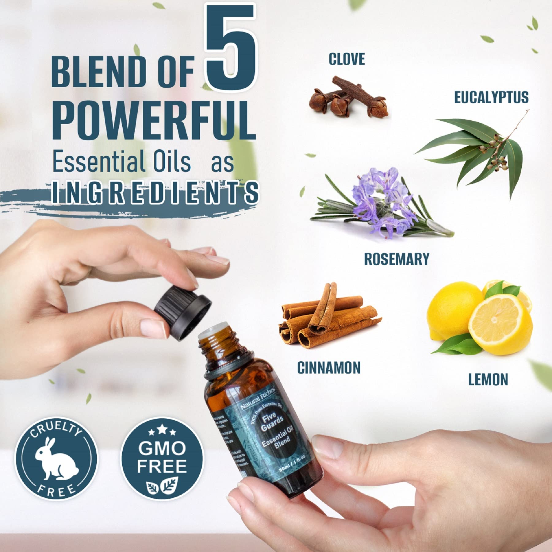 Natural Riches Five Guards shelf display featuring the 30 ml essential oil bottle.