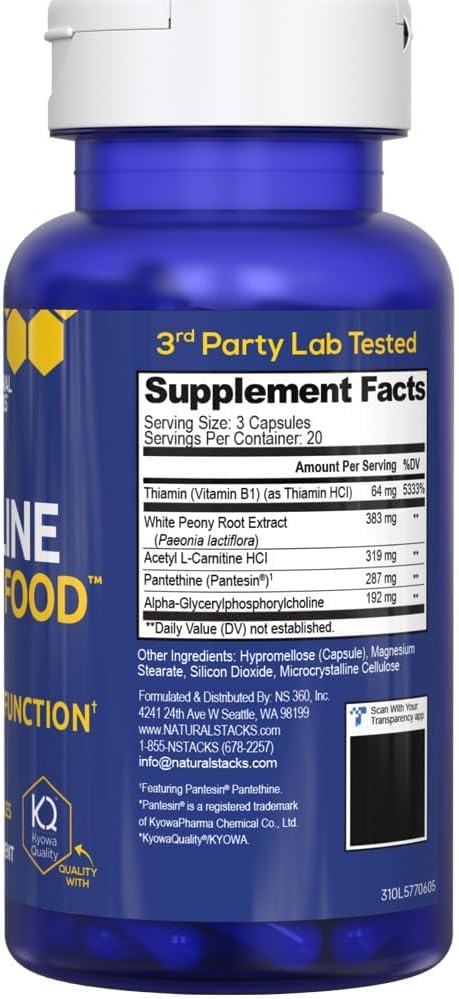Natural Stacks Acetylcholine Brain Food ready for daily use at a desk.