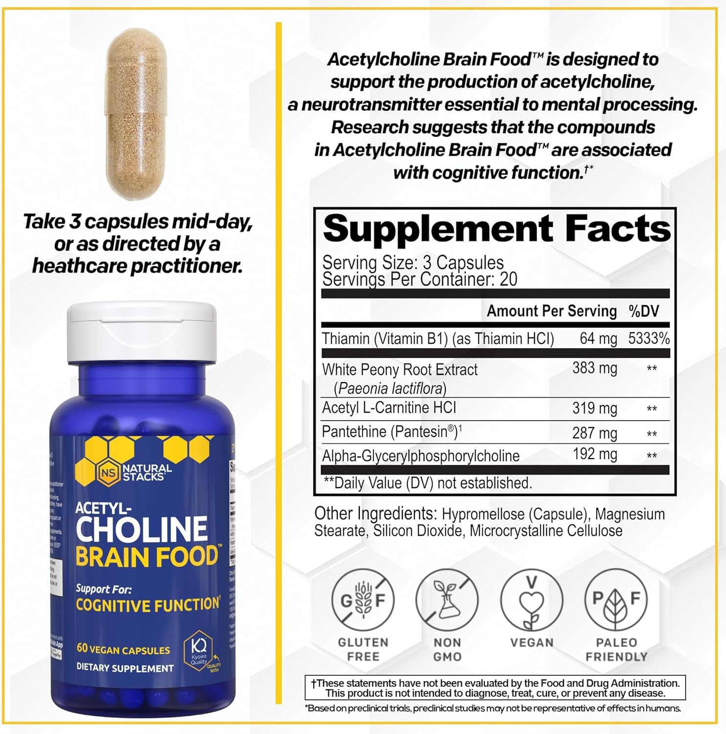 Close-up of the Natural Stacks label on Acetylcholine Brain Food.