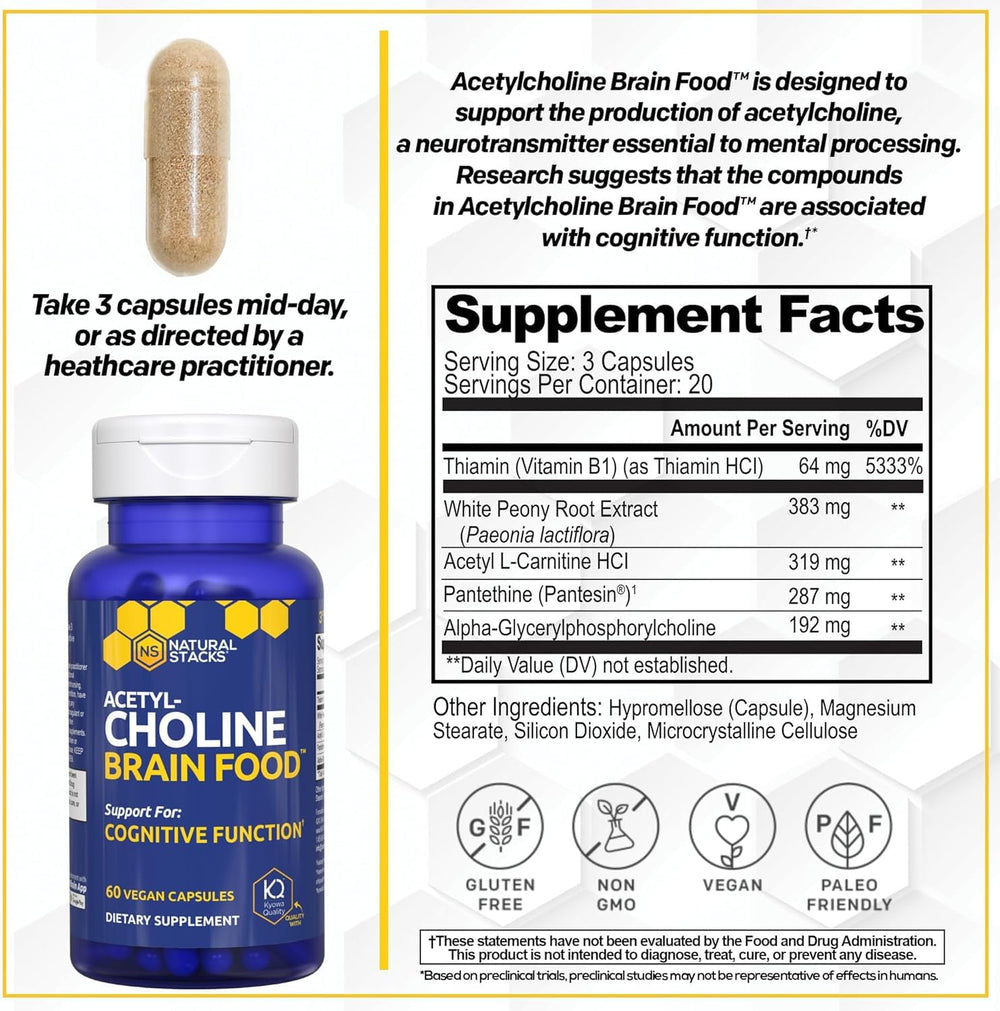 Close-up of the Natural Stacks label on Acetylcholine Brain Food.