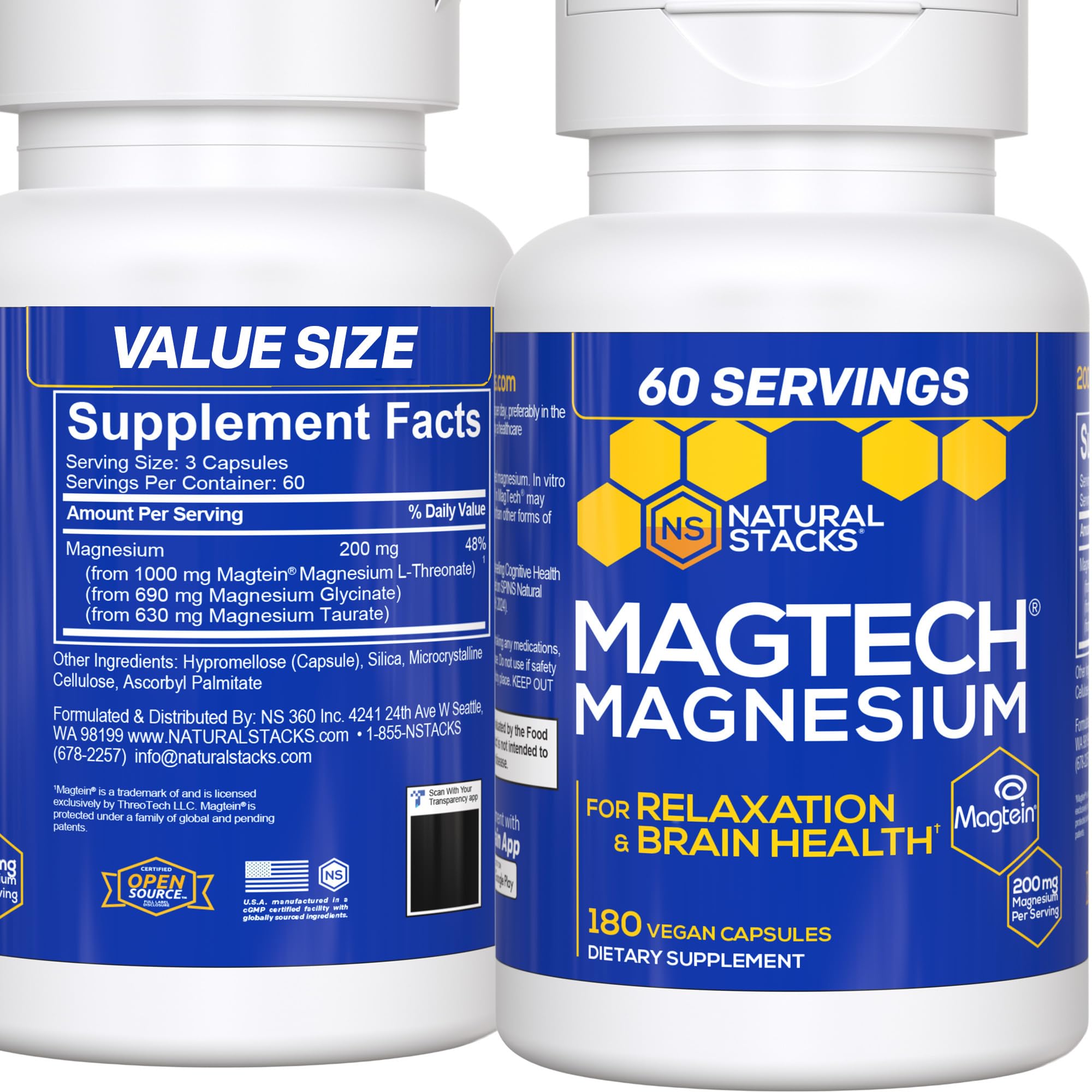 Natural Stacks MagTech bottle front showing 180 capsules for daily relaxation and cognitive support