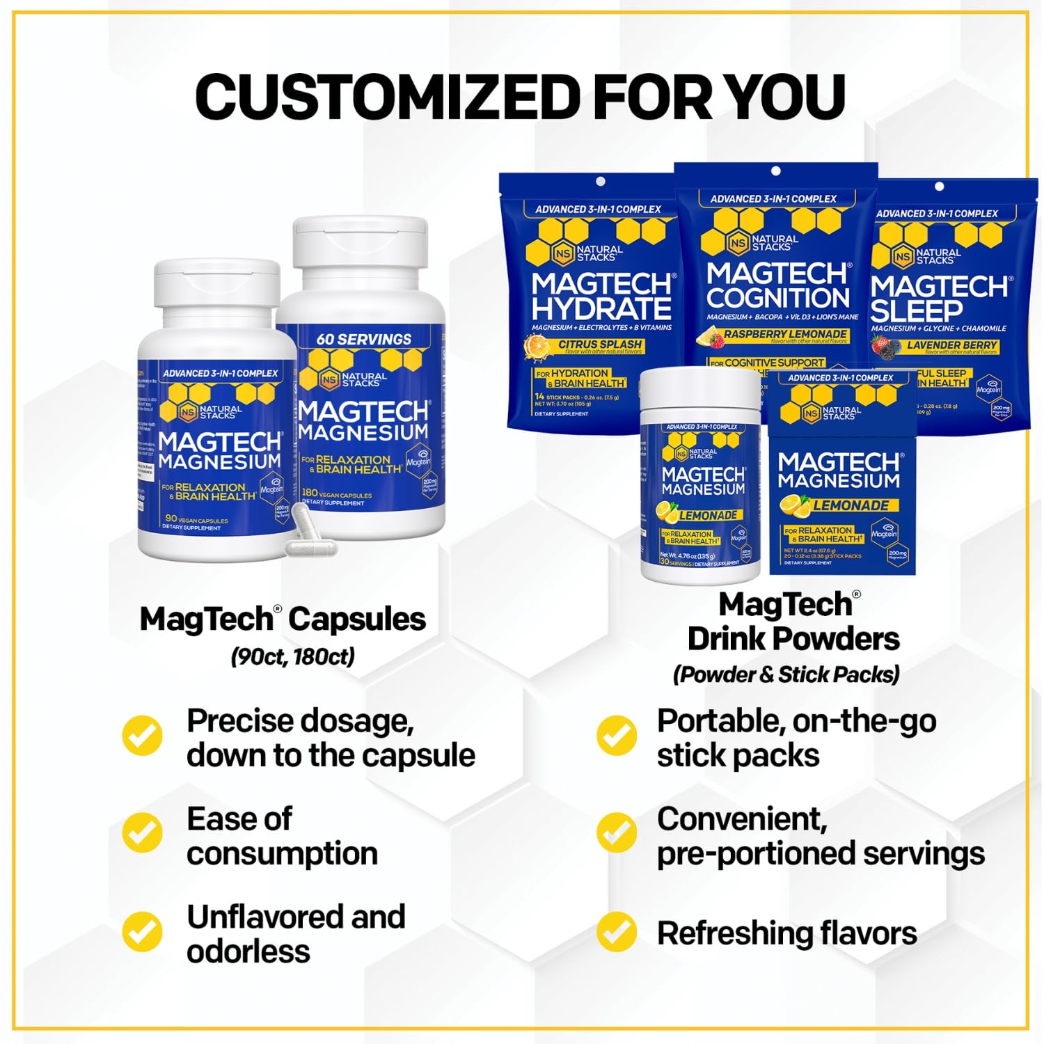 Natural Stacks MagTech capsules in hand illustrating convenient 3-form magnesium