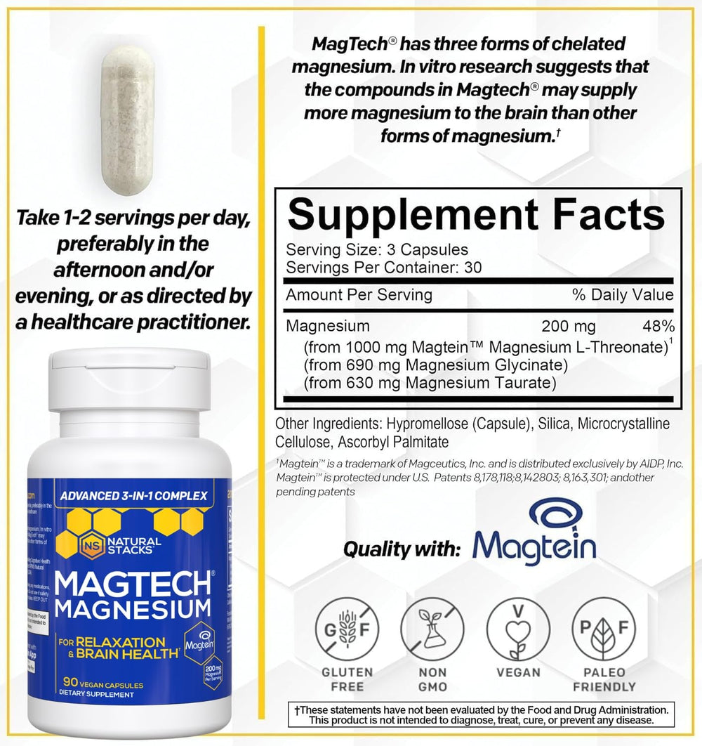 Natural Stacks MagTech capsules inside show triple magnesium formula