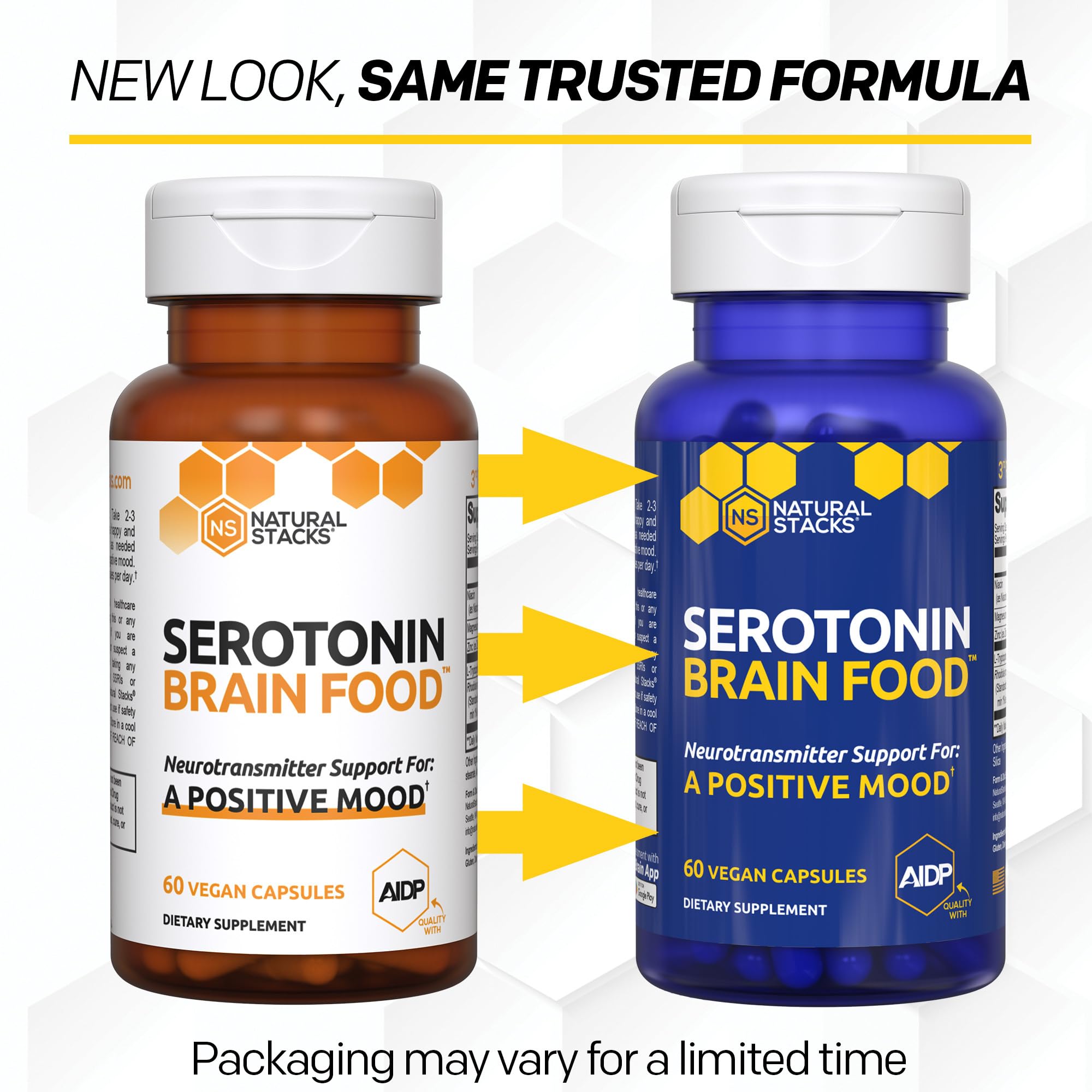 Natural Stacks Serotonin Brain Food bottle on shelf suggests daily routine.