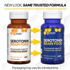 Natural Stacks Serotonin Brain Food bottle on shelf suggests daily routine.