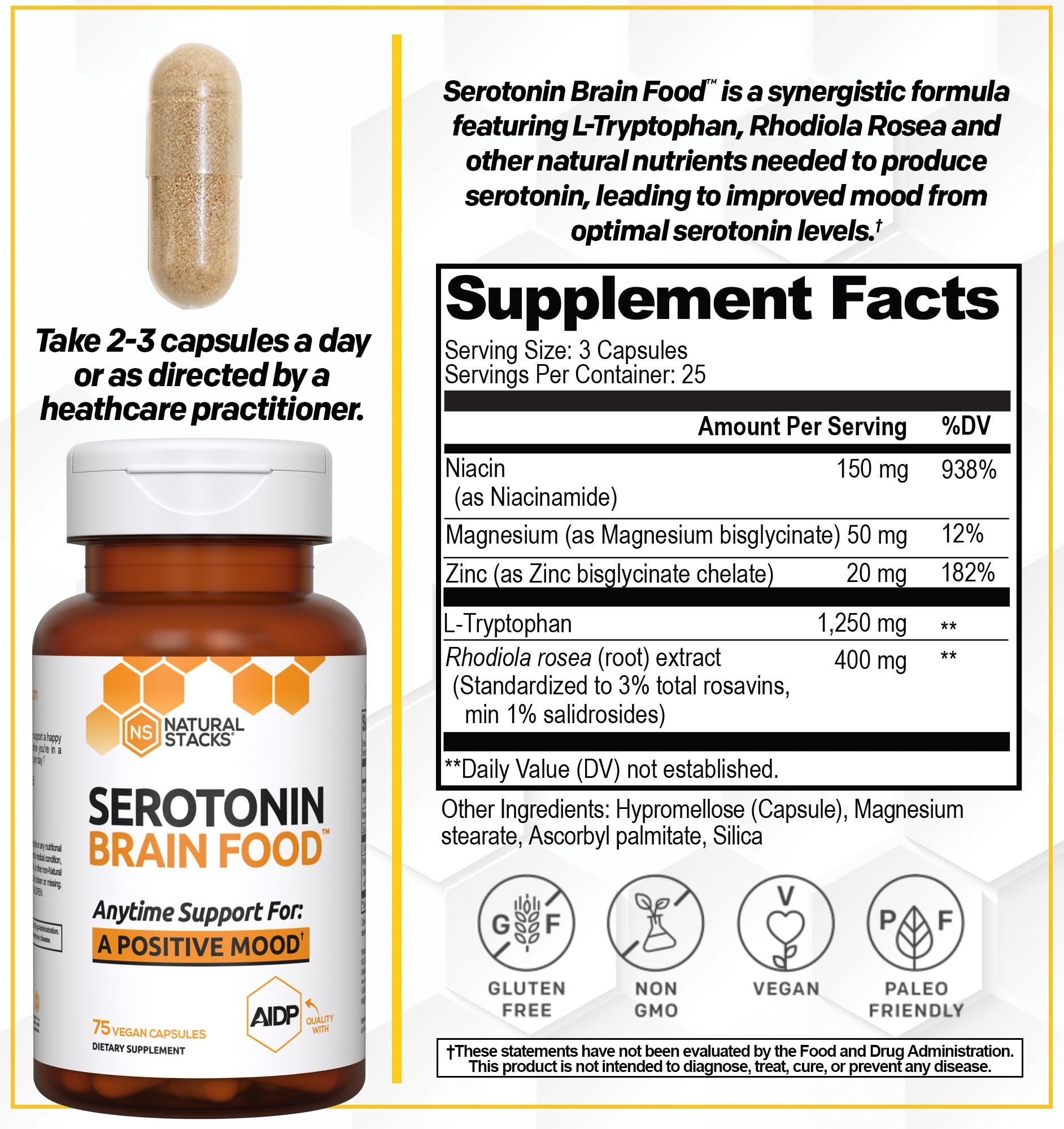 Natural Stacks Serotonin Brain Food capsules for easy daily use