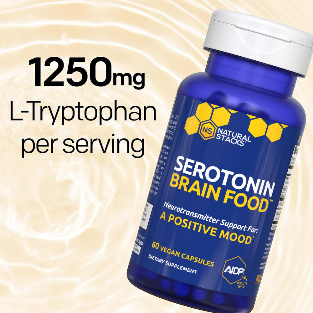 Natural Stacks Serotonin Brain Food label closeup highlights mood support ingredients.
