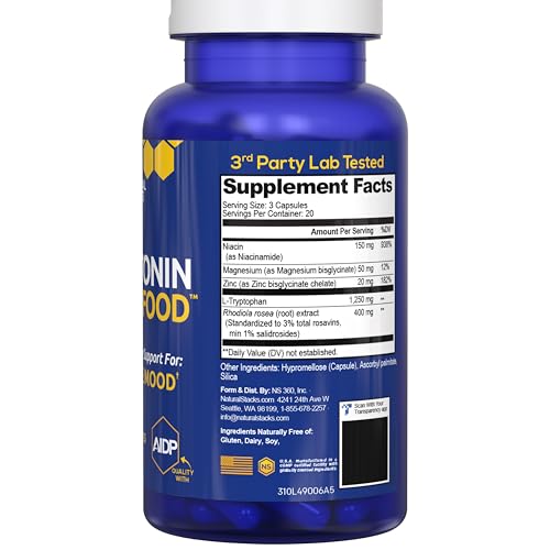 Natural Stacks Serotonin Brain Food packaging closeup signals trusted sourcing.