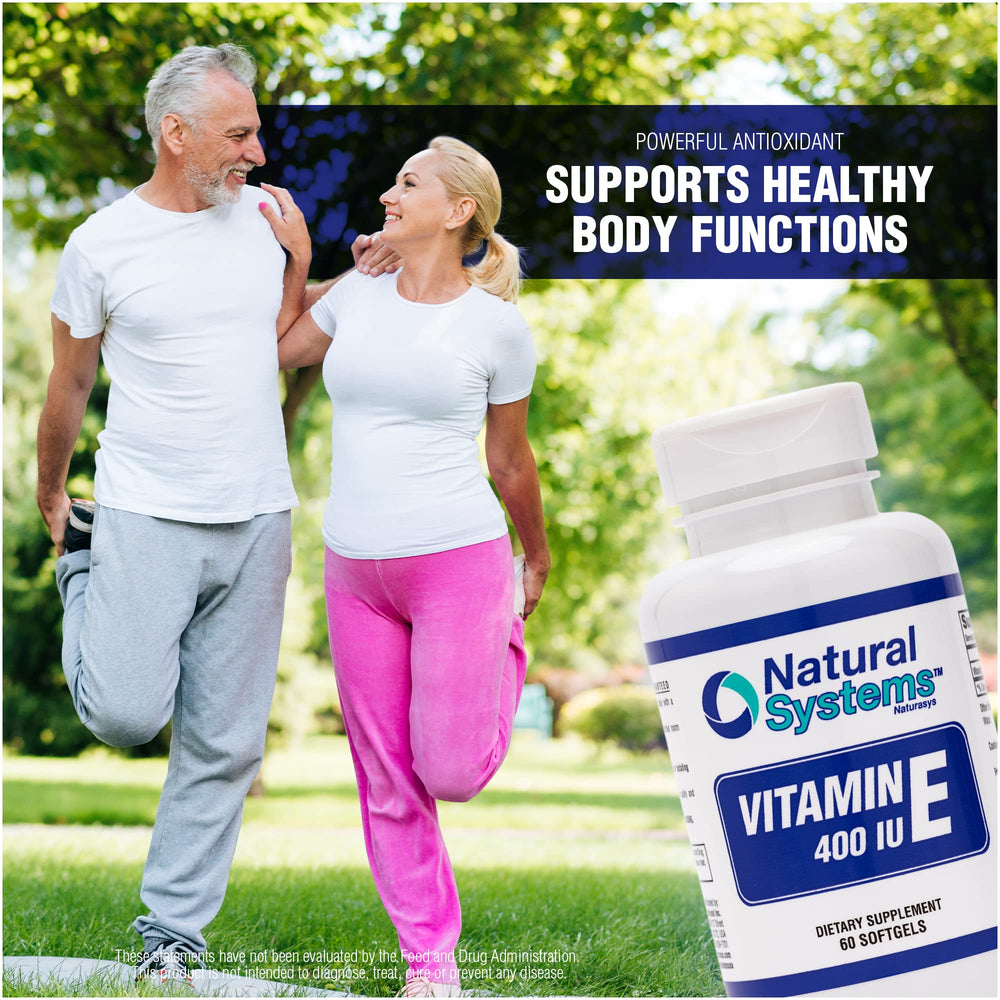 Natural Systems Vitamin E 60 Softgels capsule detail highlighting non sugar formula.