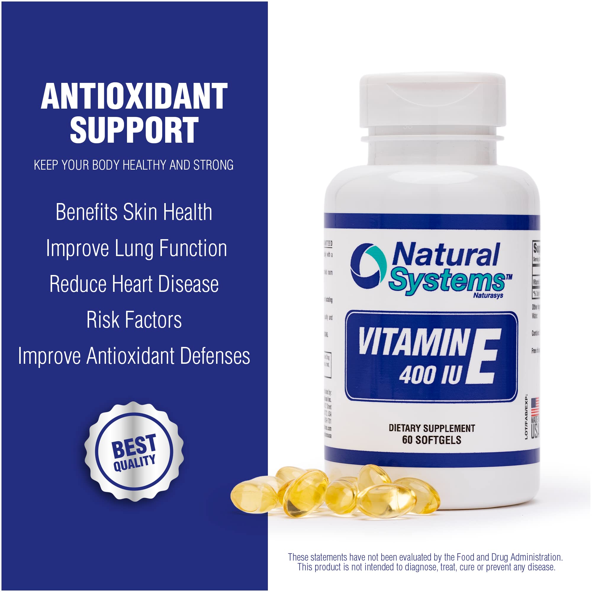 Natural Systems Vitamin E 60 Softgels easy-to-swallow capsules in a bottle.