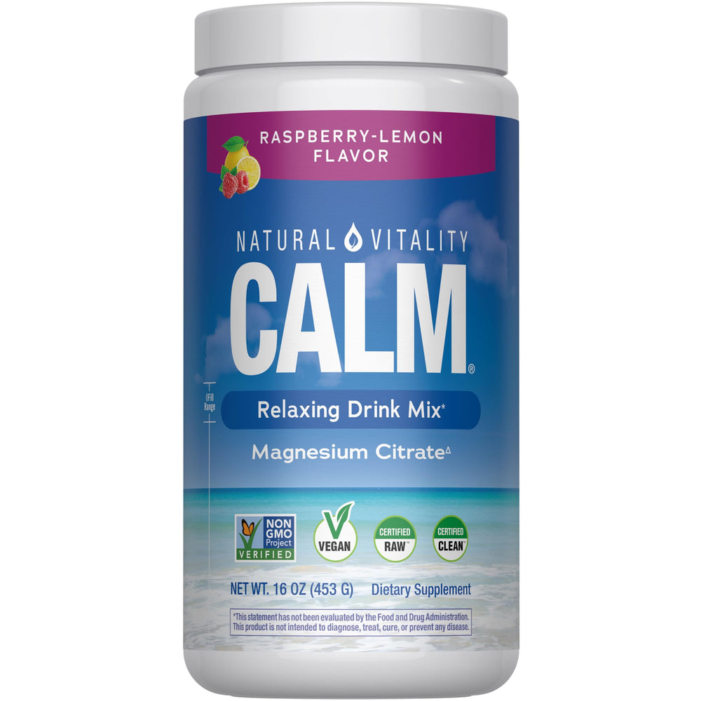 Natural Vitality CALM bottle front displaying raspberry lemon flavor for daily calming moments.