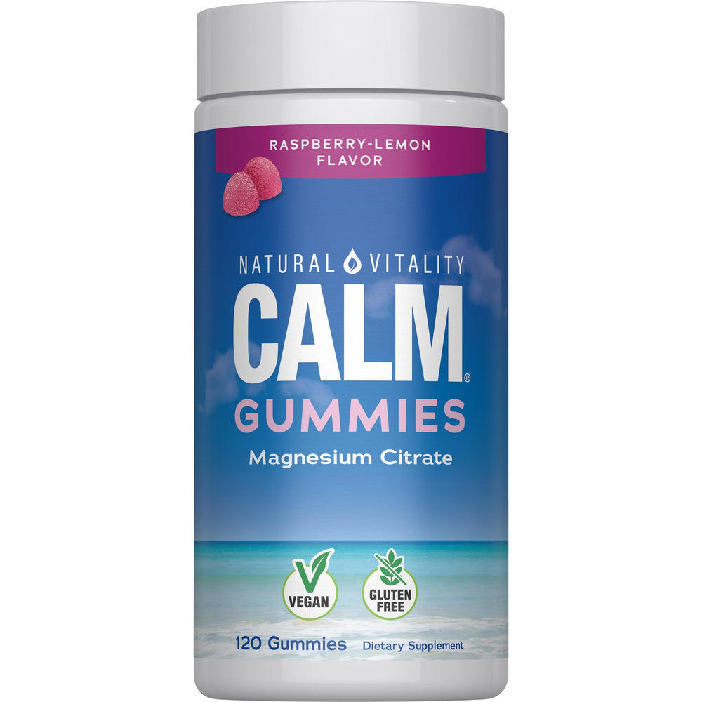 Natural Vitality CALM bottle poured, magnesium gummies for stress support.
